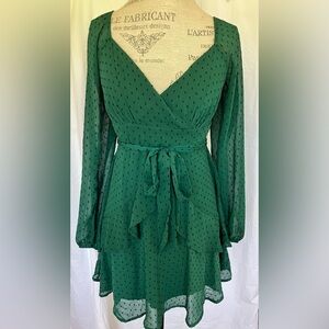 Trixxi Womens Balloon Sleeve Wrap Dress in Emerald Green Swiss Dot Sz 11